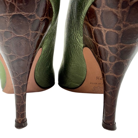 Karen Millen Green Metallic Crocodile Embossed Heels Size 37.5 US 6.5 Velvet Bow - Picture 7 of 11